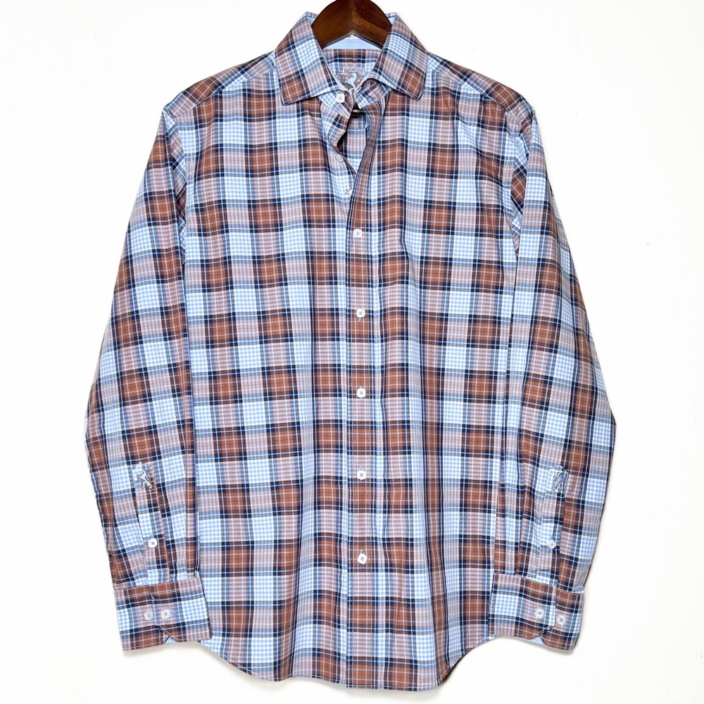 Bugatchi Mens Plaid Blue Brown Logo Embroidered Long Sleeve Buttondown Shirt